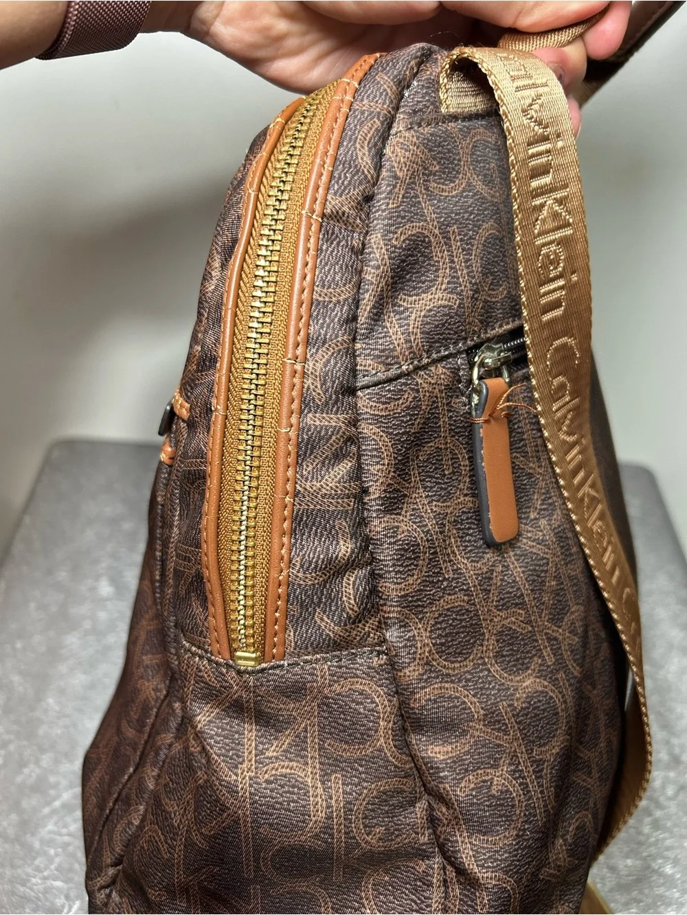Calvin Klein Brown Logo Print Backpack Zip Front Pocket Gold Hardware